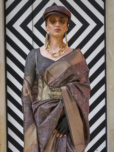 Glamorous Dusty Purple Printed Organza Wedding Saree With Blouse